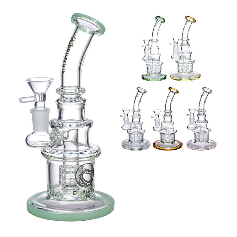 Dragon Glass Water Pipe Thick Base With Double Matrix Perc & Bent Neck - 299 Grams - 8 Inches - Assorted Colors [DGE-074]