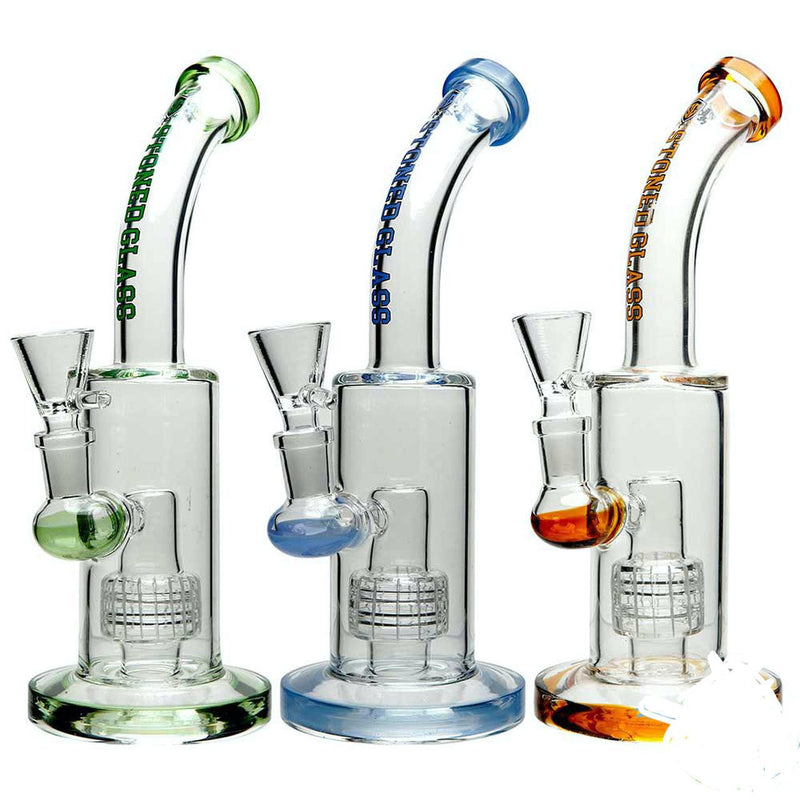 Stoned Glass Water Pipe Bent Neck Cylinder Base Design With Matrix Perc - 302 Grams - 9 Inches - Assorted Colors [SG-108]